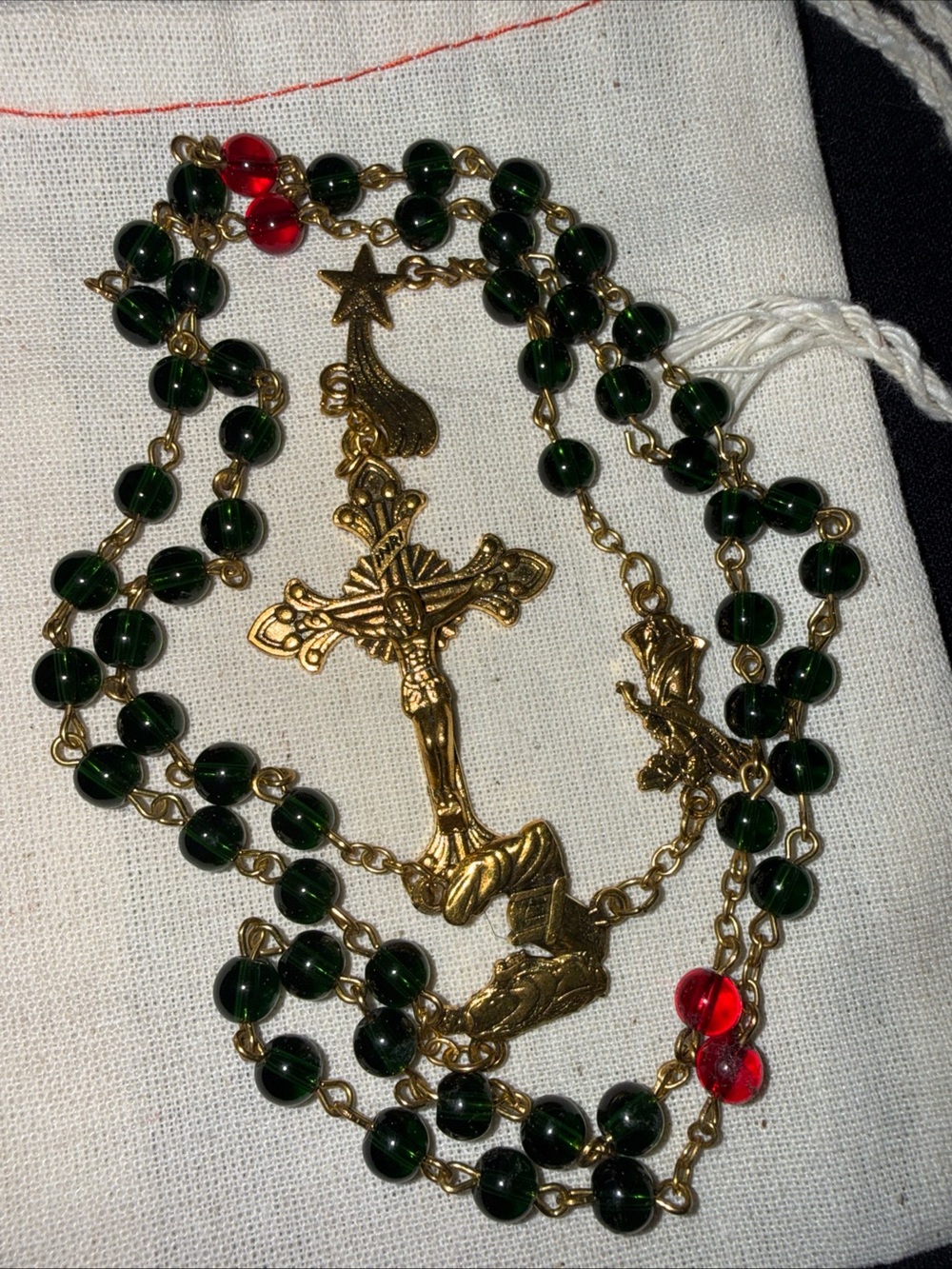 Gold tone Cross Rosary beads Necklace Dark Green Beads Catholic
